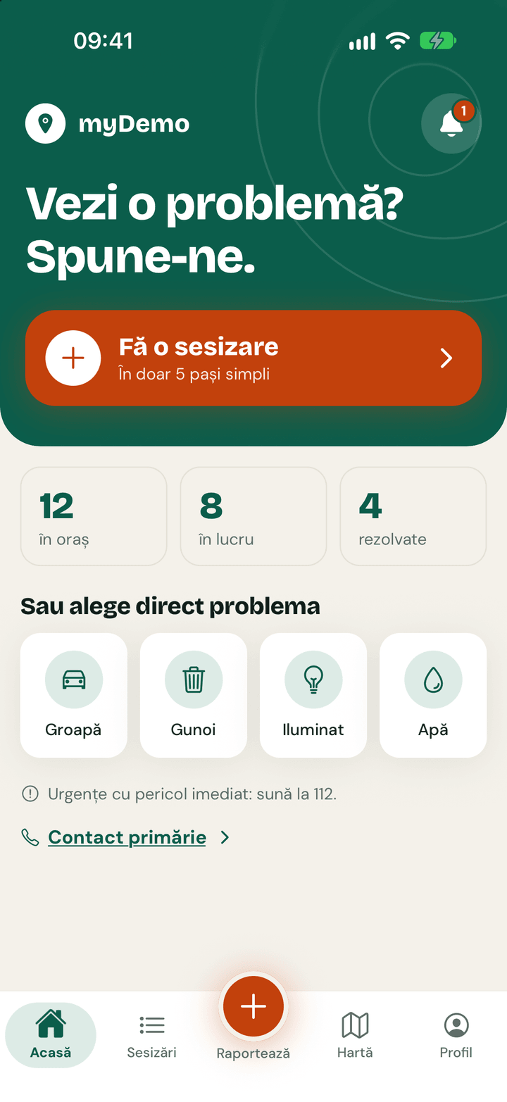 Ecranul Acasă al aplicației: titlul „Vezi o problemă? Spune-ne”, trei statistici și patru scurtături spre categorii.